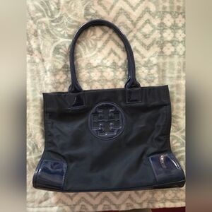 Tory Burch Ella Navy Blue Nylon Shine Tote Bag